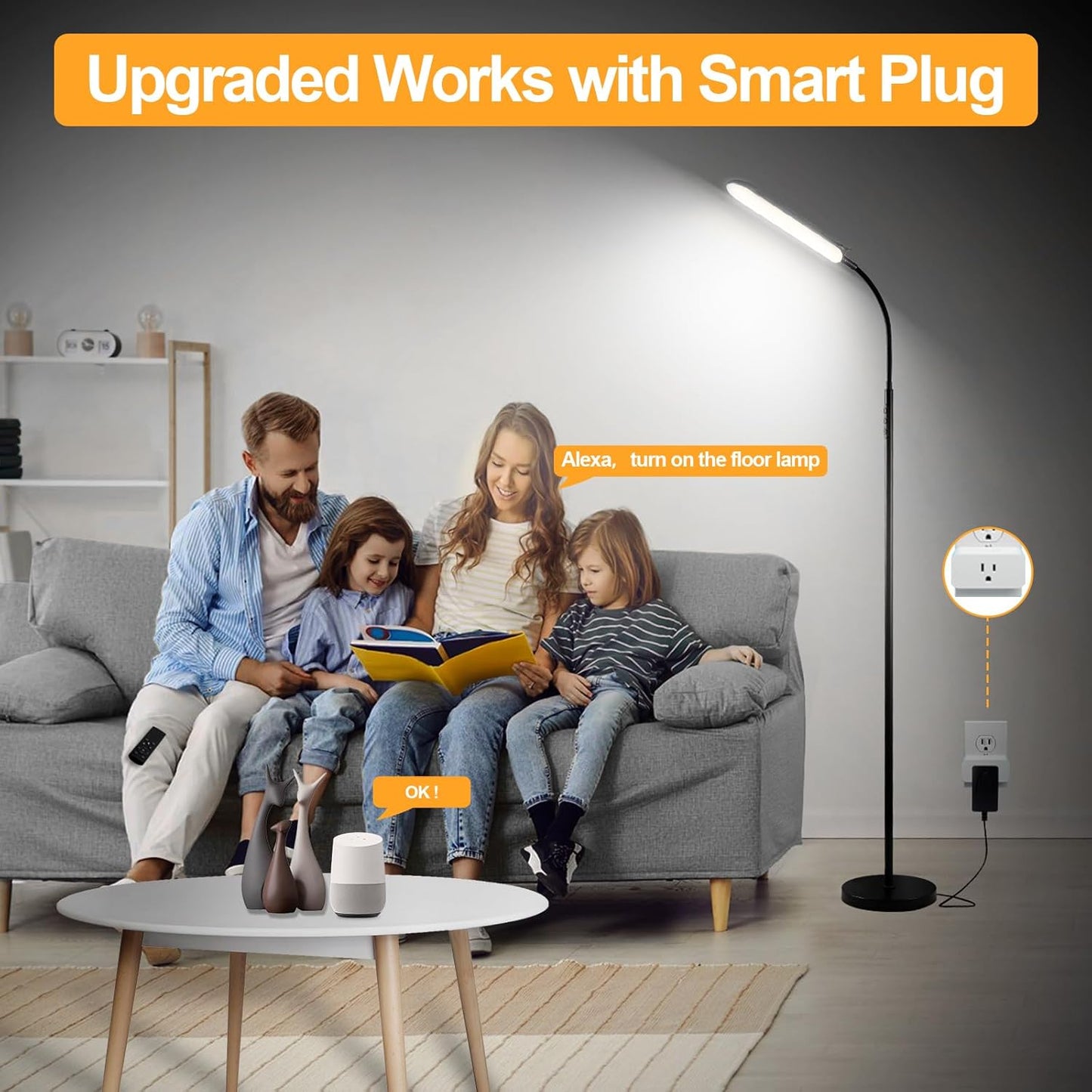 Floor Lamp, 18W 1800LM Super Bright LED Floor Lamp with Remote & Works with Smart Plug, Dimmable Timing Eye Caring Reading Lamps Floor Standing for Living Room Bedroom Office