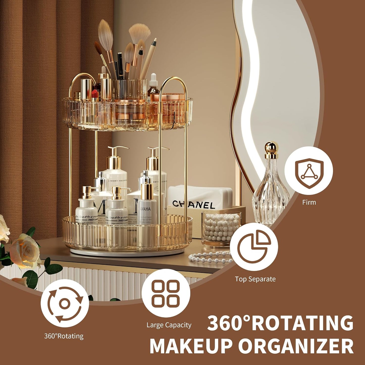 Rotating Makeup Organizer for Vanity, Large Capacity Make up Storage Skin Care Shelf Perfume Holders Cosmetic Dresser Organizer Countertop Spinning 360 (Amber Gold, 2Tiers)