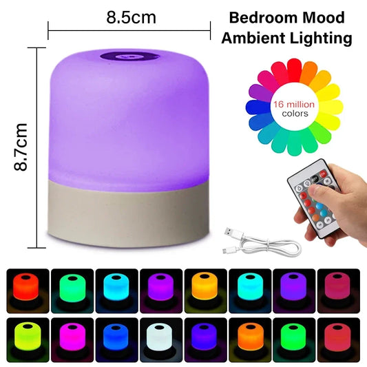 Touch Sensor LED Night Light with Remote Control Rechargeable Bedside Lamp White RGB Color Dimmable for Room Decor Kids Gifts
