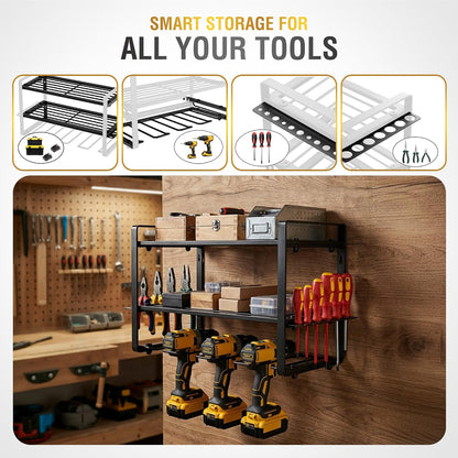 3-Layer Power Tool Organizer Wall Mount, Garage Wall Tool Organizer with Drill Holder, Heavy Duty Metal Shelf for Garage & Workshop