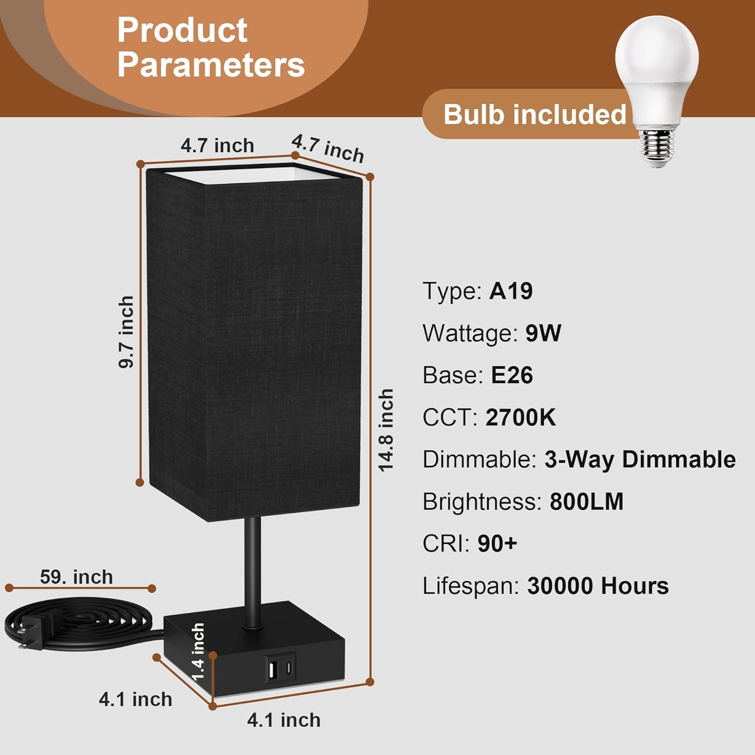 Bedside Table Lamp for Bedroom with 2 USB Ports, 14-Inch, Black