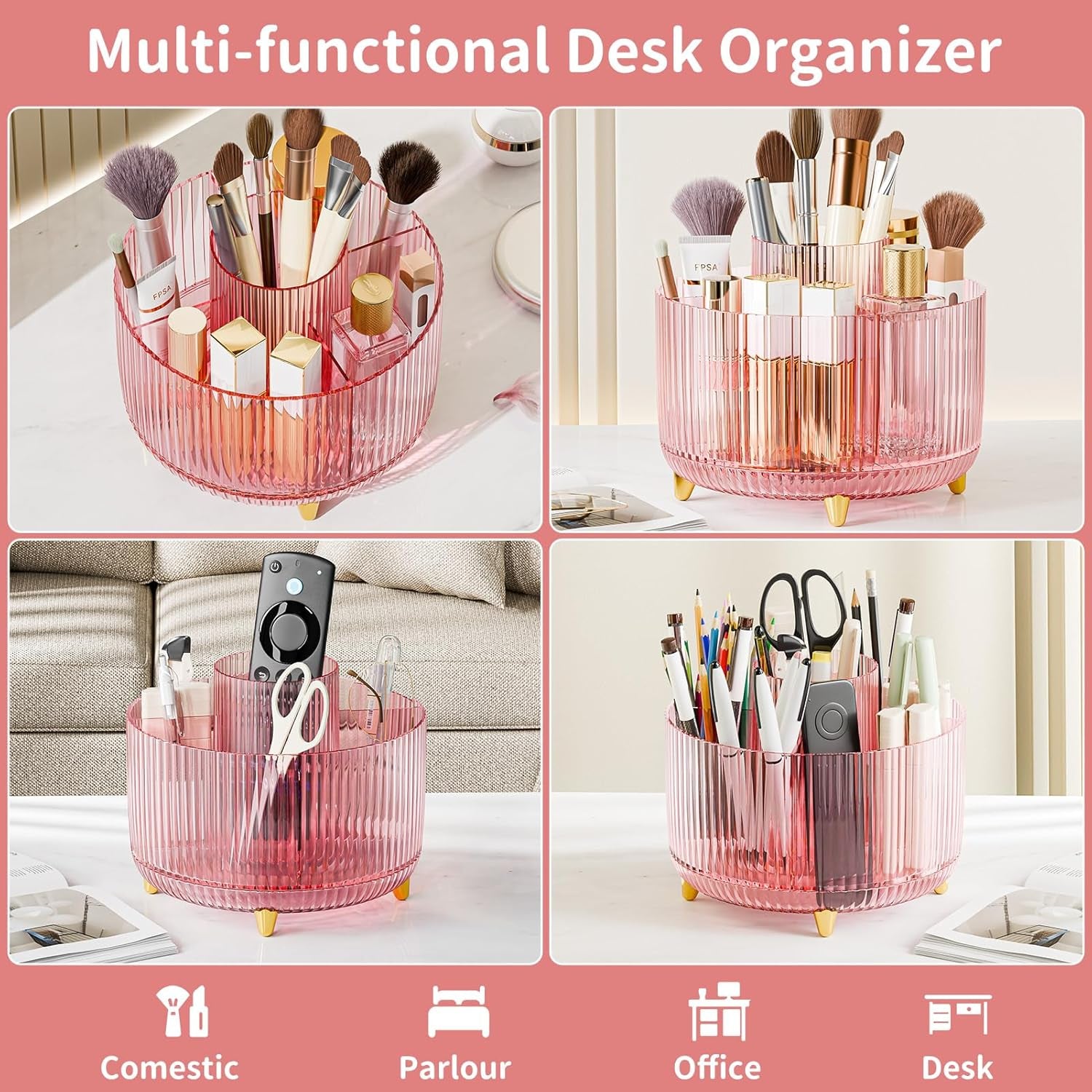 Clear Rotating Makeup Organizer Countertop for Vanity, 360° Makeup Brush Holder Organizer with 5 Compartments, Transparent Cosmetic Storage for Lipstick, Skincare, Bathroom Counter (Transparent Pink)