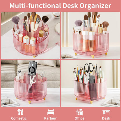 Clear Rotating Makeup Organizer Countertop for Vanity, 360° Makeup Brush Holder Organizer with 5 Compartments, Transparent Cosmetic Storage for Lipstick, Skincare, Bathroom Counter (Transparent Pink)