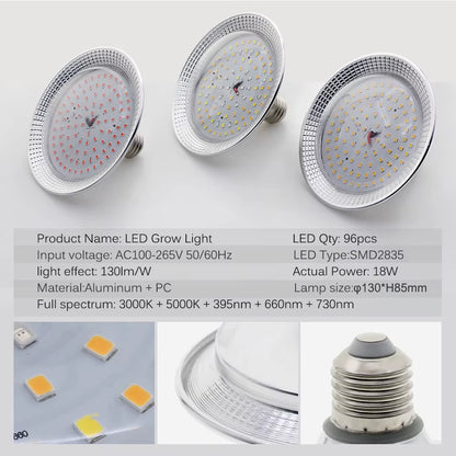 E27 18W Full Spectrum LED Grow Light Sunlike Phytolamp Bulb for Plants Flower Greenhouse Tent Hydroponic