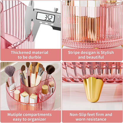 Clear Rotating Makeup Organizer Countertop for Vanity, 360° Makeup Brush Holder Organizer with 5 Compartments, Transparent Cosmetic Storage for Lipstick, Skincare, Bathroom Counter (Transparent Pink)
