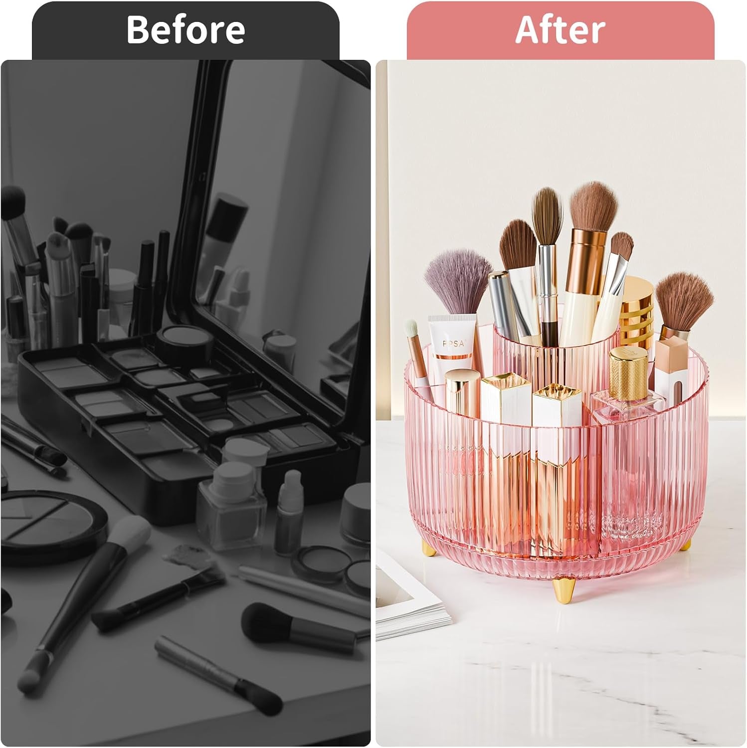 Clear Rotating Makeup Organizer Countertop for Vanity, 360° Makeup Brush Holder Organizer with 5 Compartments, Transparent Cosmetic Storage for Lipstick, Skincare, Bathroom Counter (Transparent Pink)