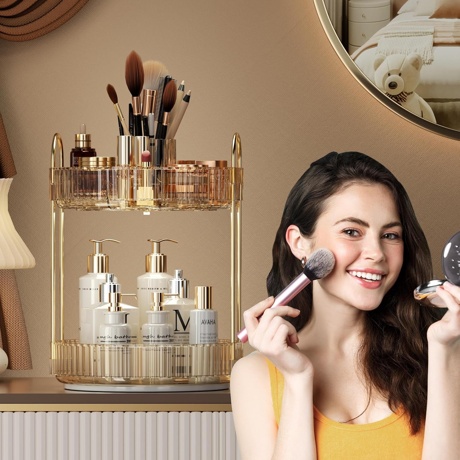 Rotating Makeup Organizer for Vanity, Large Capacity Make up Storage Skin Care Shelf Perfume Holders Cosmetic Dresser Organizer Countertop Spinning 360 (Amber Gold, 2Tiers)