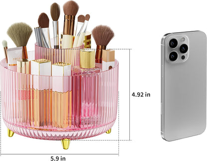 Clear Rotating Makeup Organizer Countertop for Vanity, 360° Makeup Brush Holder Organizer with 5 Compartments, Transparent Cosmetic Storage for Lipstick, Skincare, Bathroom Counter (Transparent Pink)