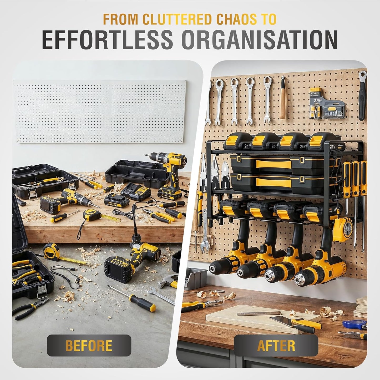 3-Layer Power Tool Organizer Wall Mount, Garage Wall Tool Organizer with Drill Holder, Heavy Duty Metal Shelf for Garage & Workshop