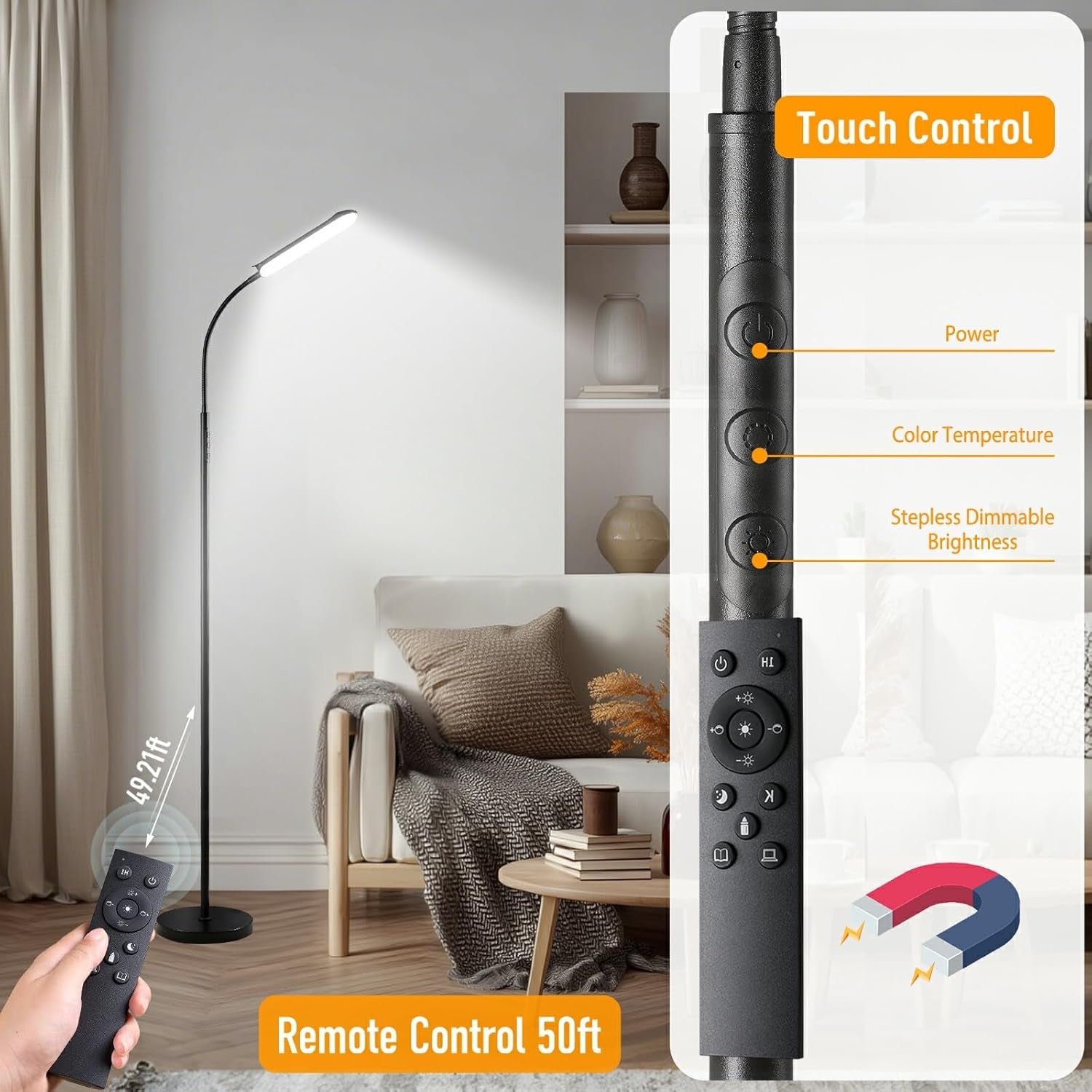 Floor Lamp, 18W 1800LM Super Bright LED Floor Lamp with Remote & Works with Smart Plug, Dimmable Timing Eye Caring Reading Lamps Floor Standing for Living Room Bedroom Office