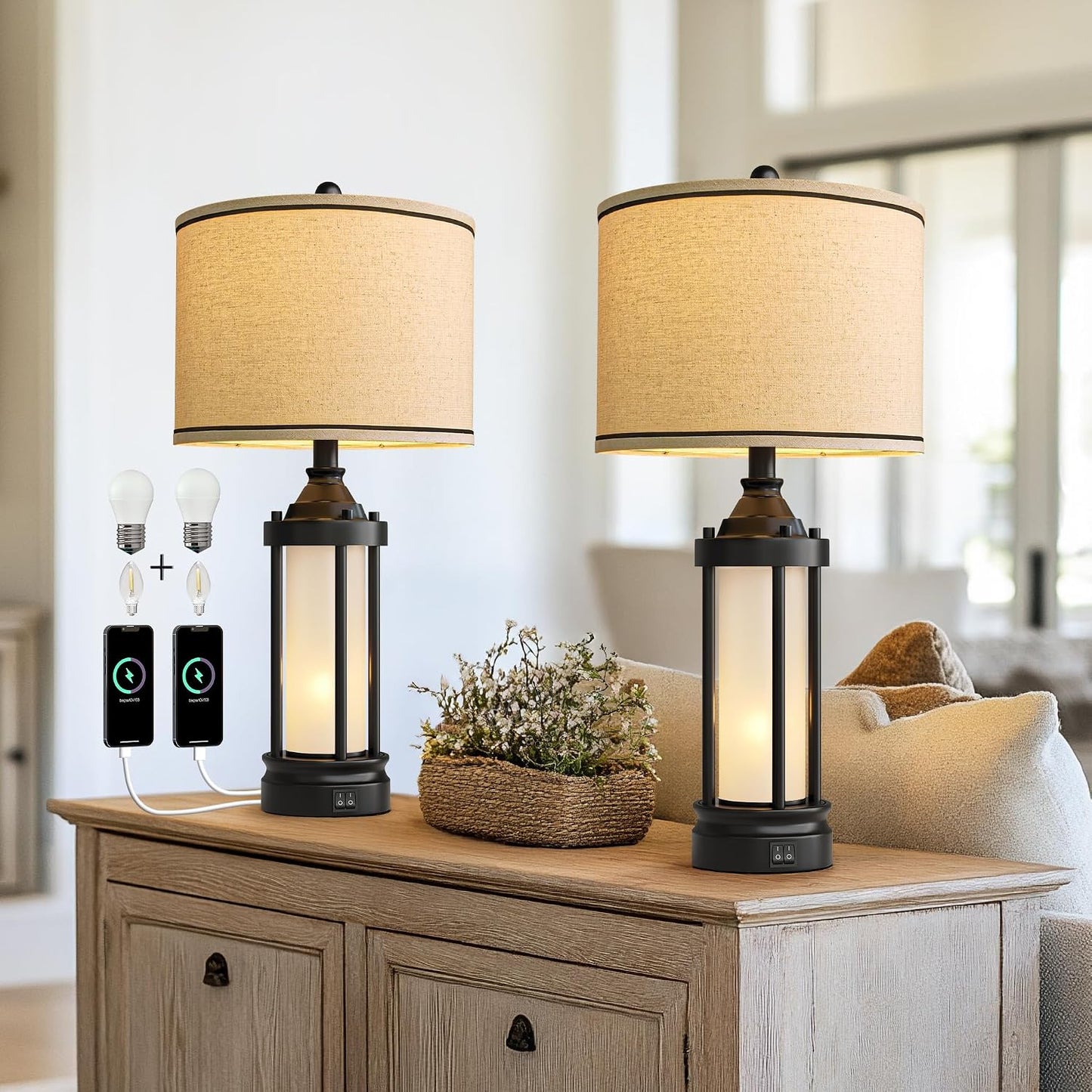 25'' Table Lamps for Bedroom Living Room Lamps Set of 2 Farmhouse Nightstand Bedside Lamps with USB Ports, Built-In Frosted Glass Night Light Industrial Metal Night Stand Lamp, Bulbs Included, Black