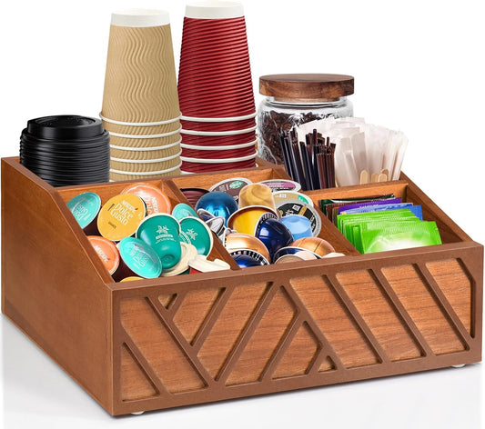 Coffee Station Organizer for Counter, Wood Pods Holder Storage Basket, Tea Condiment Storage Organizer, Rustic Coffee Bar Decor for Accessories Organizer