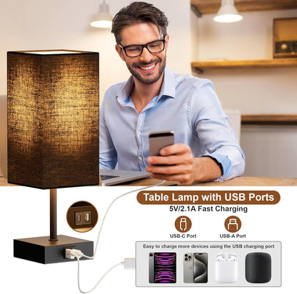 Bedside Table Lamp for Bedroom with 2 USB Ports, 14-Inch, Black