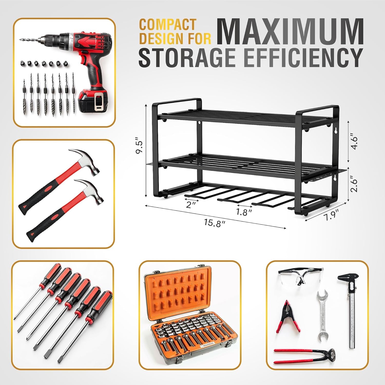 3-Layer Power Tool Organizer Wall Mount, Garage Wall Tool Organizer with Drill Holder, Heavy Duty Metal Shelf for Garage & Workshop