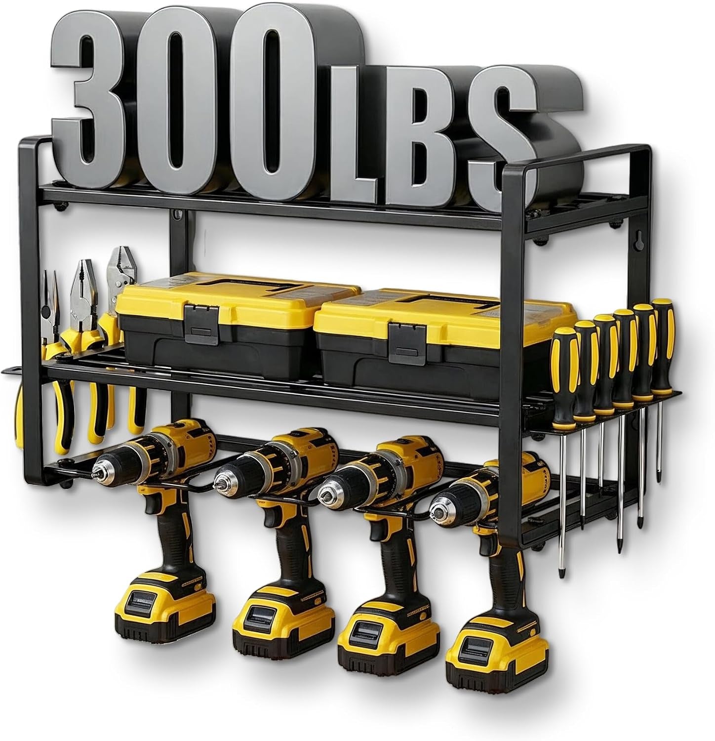 3-Layer Power Tool Organizer Wall Mount, Garage Wall Tool Organizer with Drill Holder, Heavy Duty Metal Shelf for Garage & Workshop