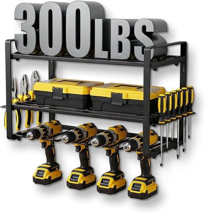 3-Layer Power Tool Organizer Wall Mount, Garage Wall Tool Organizer with Drill Holder, Heavy Duty Metal Shelf for Garage & Workshop