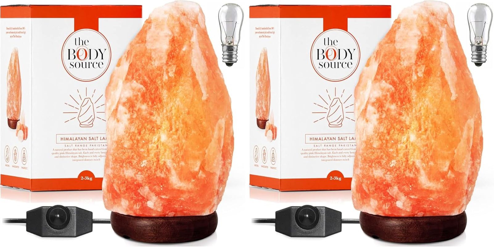 Himalayan Salt Rock Lamp | 6-8 Inch (4-7 Lb) | Natural Salt Rock Lamp with Dimmer Switch & Wooden Base | Night Light & Bulb Replacement (Pack of 2)