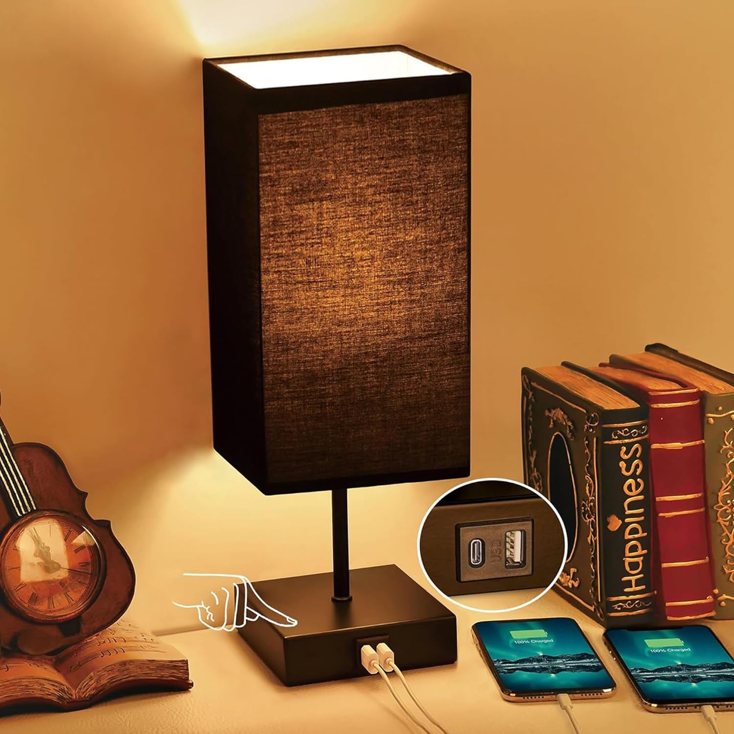 Bedside Table Lamp for Bedroom with 2 USB Ports, 14-Inch, Black