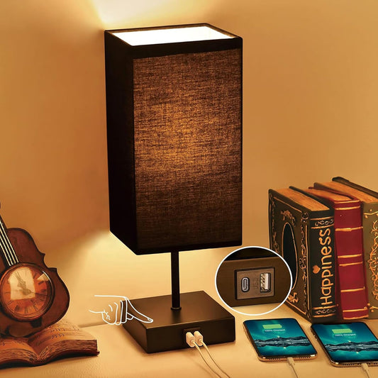 Bedside Table Lamp for Bedroom with 2 USB Ports, 14-Inch, Black