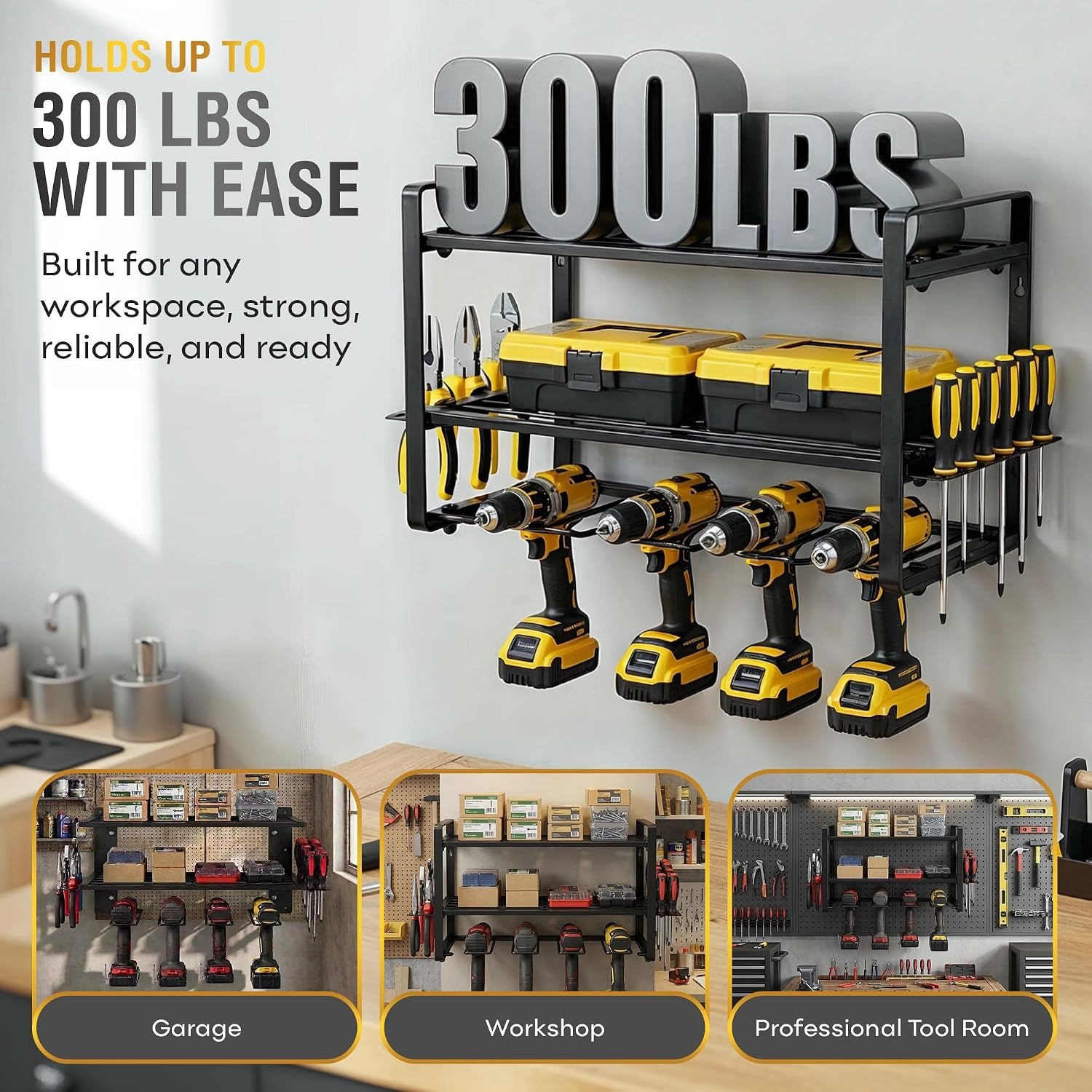 3-Layer Power Tool Organizer Wall Mount, Garage Wall Tool Organizer with Drill Holder, Heavy Duty Metal Shelf for Garage & Workshop