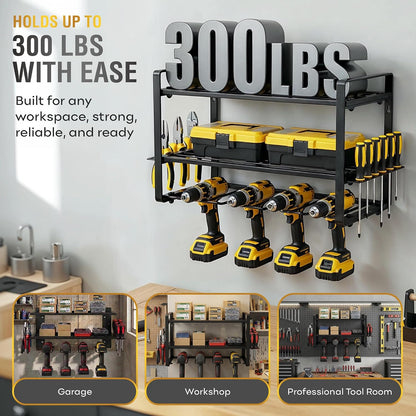 3-Layer Power Tool Organizer Wall Mount, Garage Wall Tool Organizer with Drill Holder, Heavy Duty Metal Shelf for Garage & Workshop