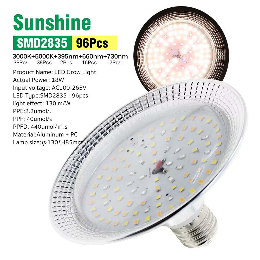 E27 18W Full Spectrum LED Grow Light Sunlike Phytolamp Bulb for Plants Flower Greenhouse Tent Hydroponic