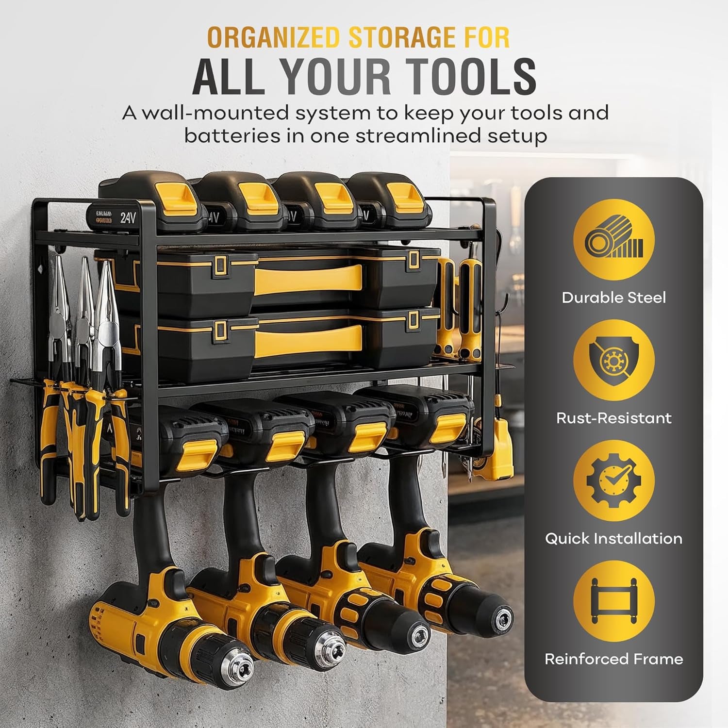 3-Layer Power Tool Organizer Wall Mount, Garage Wall Tool Organizer with Drill Holder, Heavy Duty Metal Shelf for Garage & Workshop