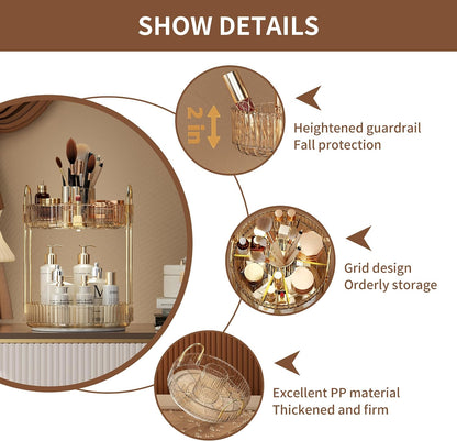 Rotating Makeup Organizer for Vanity, Large Capacity Make up Storage Skin Care Shelf Perfume Holders Cosmetic Dresser Organizer Countertop Spinning 360 (Amber Gold, 2Tiers)
