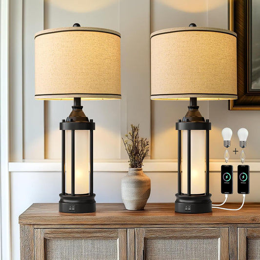 25'' Table Lamps for Bedroom Living Room Lamps Set of 2 Farmhouse Nightstand Bedside Lamps with USB Ports, Built-In Frosted Glass Night Light Industrial Metal Night Stand Lamp, Bulbs Included, Black