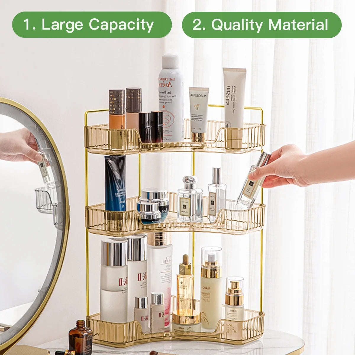 3-Tier Bathroom Counter Organizer Countertop Storage Organizer Makeup Organizer Space Saving Vanity Trays – Gold