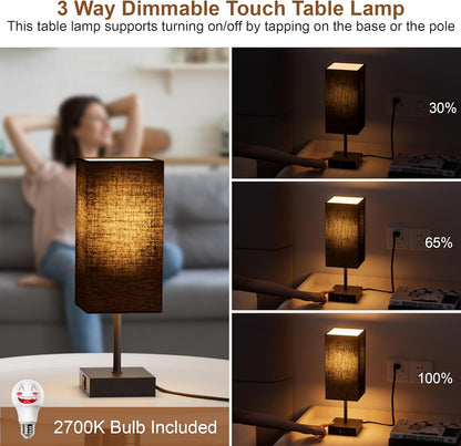 Bedside Table Lamp for Bedroom with 2 USB Ports, 14-Inch, Black