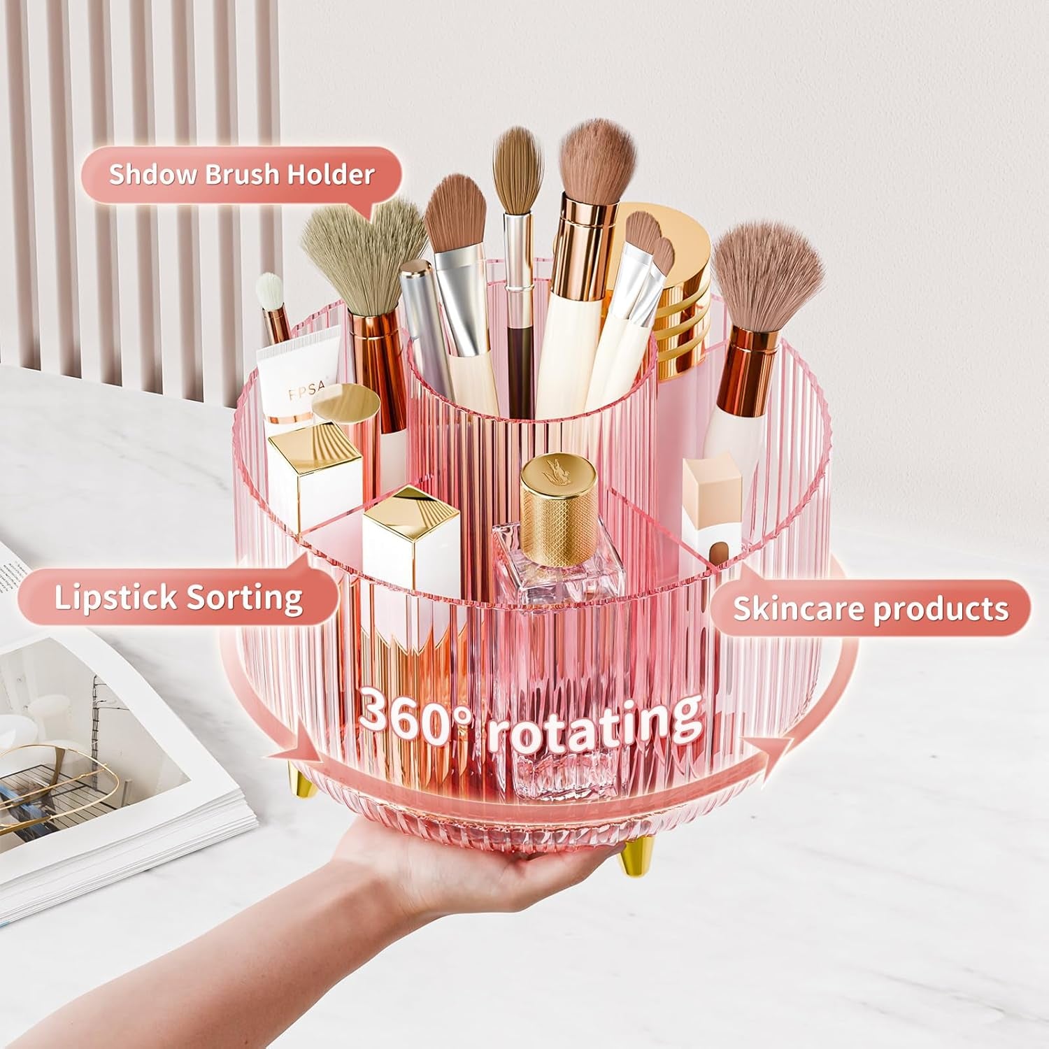Clear Rotating Makeup Organizer Countertop for Vanity, 360° Makeup Brush Holder Organizer with 5 Compartments, Transparent Cosmetic Storage for Lipstick, Skincare, Bathroom Counter (Transparent Pink)